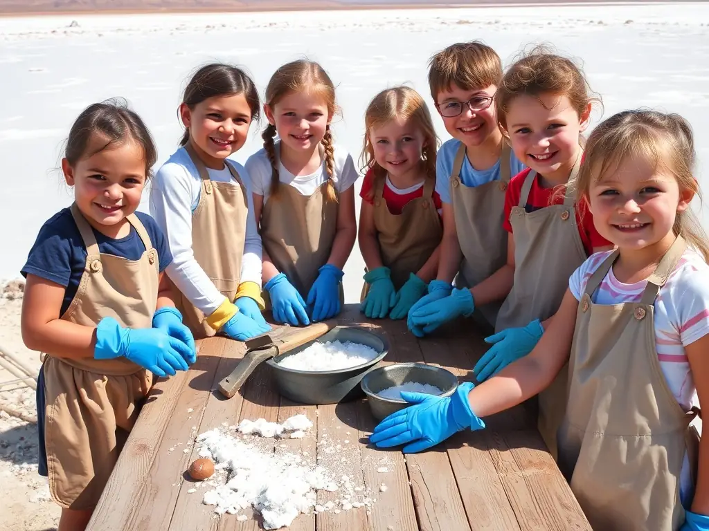 A group of children participating in a hands-on salt harvesting workshop at the Ecomusée du Marais Salant, learning about traditional salt-making techniques.