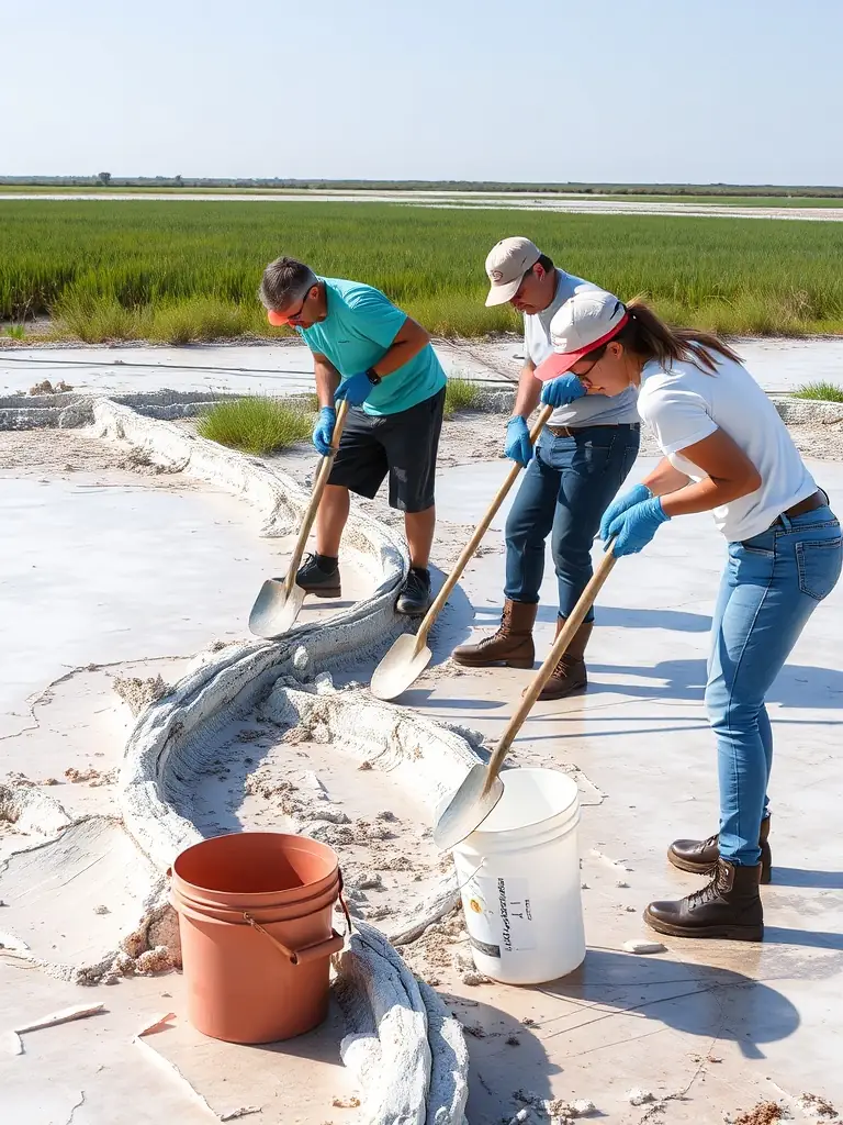 An image of volunteers working to restore a traditional salt production site, showcasing the hands-on conservation efforts supported by the Ecomusée.