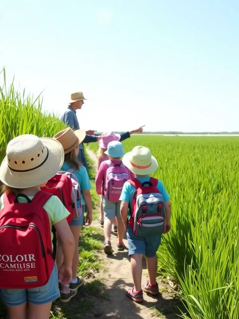 A photograph of a group of children participating in a guided tour of the salt marshes, learning about the traditional salt-making process.