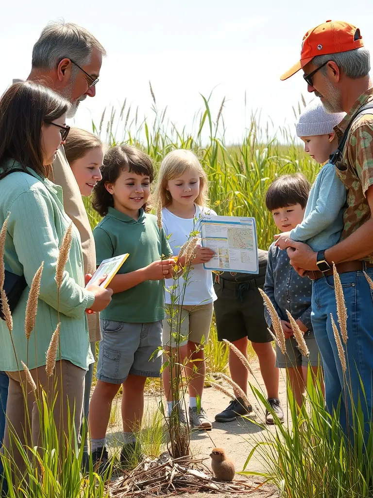 A photograph of a workshop where participants are learning about the local flora and fauna of the salt marshes, with an expert guiding them through the identification process.