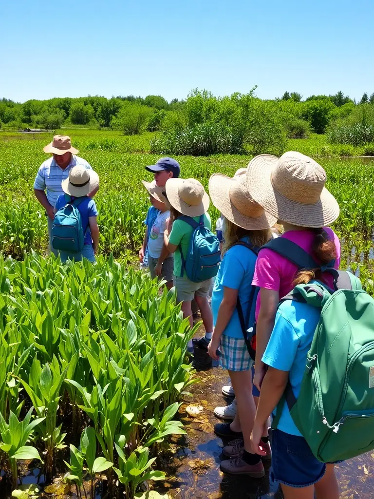 A photograph of children participating in a guided tour of the salt marshes, learning about the local flora and fauna, emphasizing the educational aspect of the Ecomusée's programs.
