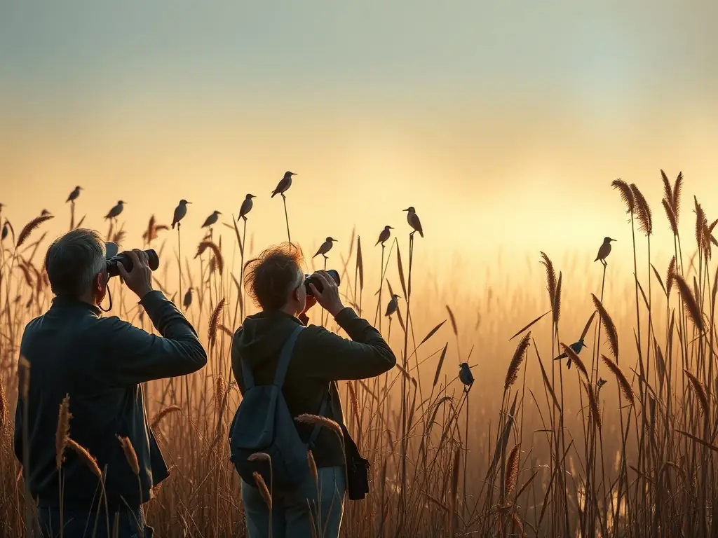 A scenic view of a guided birdwatching tour through the salt marshes, with participants using binoculars to observe various bird species.