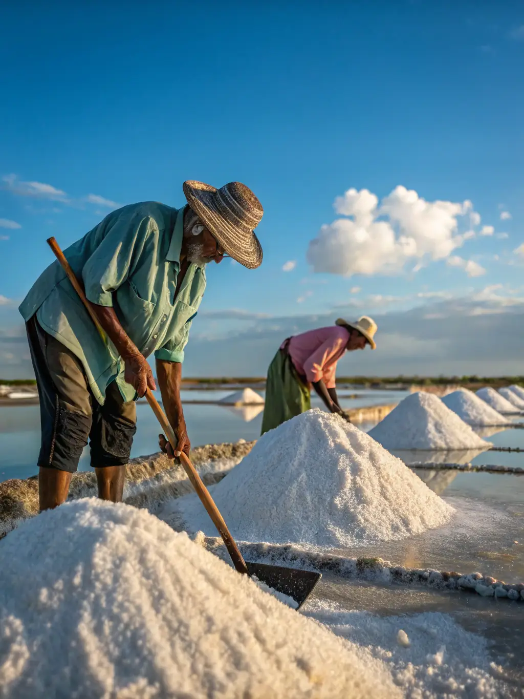 A close-up shot of a salt worker using traditional tools to harvest salt in the marshes, showcasing the time-honored techniques.