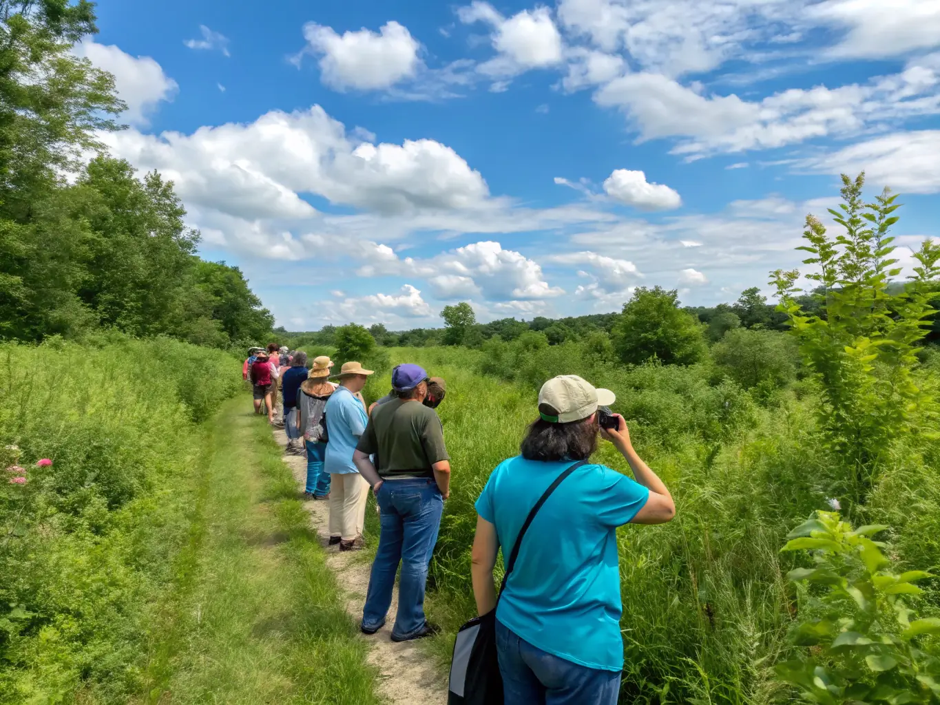 A photograph of participants on a guided tour of the salt marshes, learning about the local flora and fauna and the ecological importance of the area.
