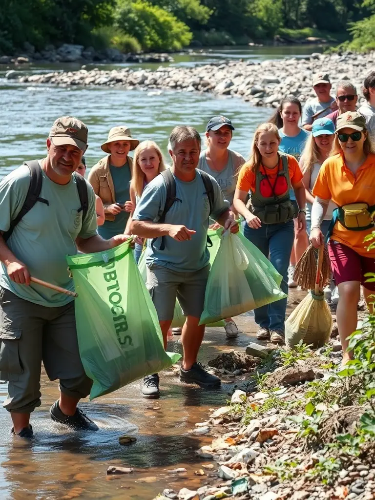 A picture of a diverse group of volunteers participating in a marsh cleanup activity, emphasizing the museum's commitment to environmental conservation.