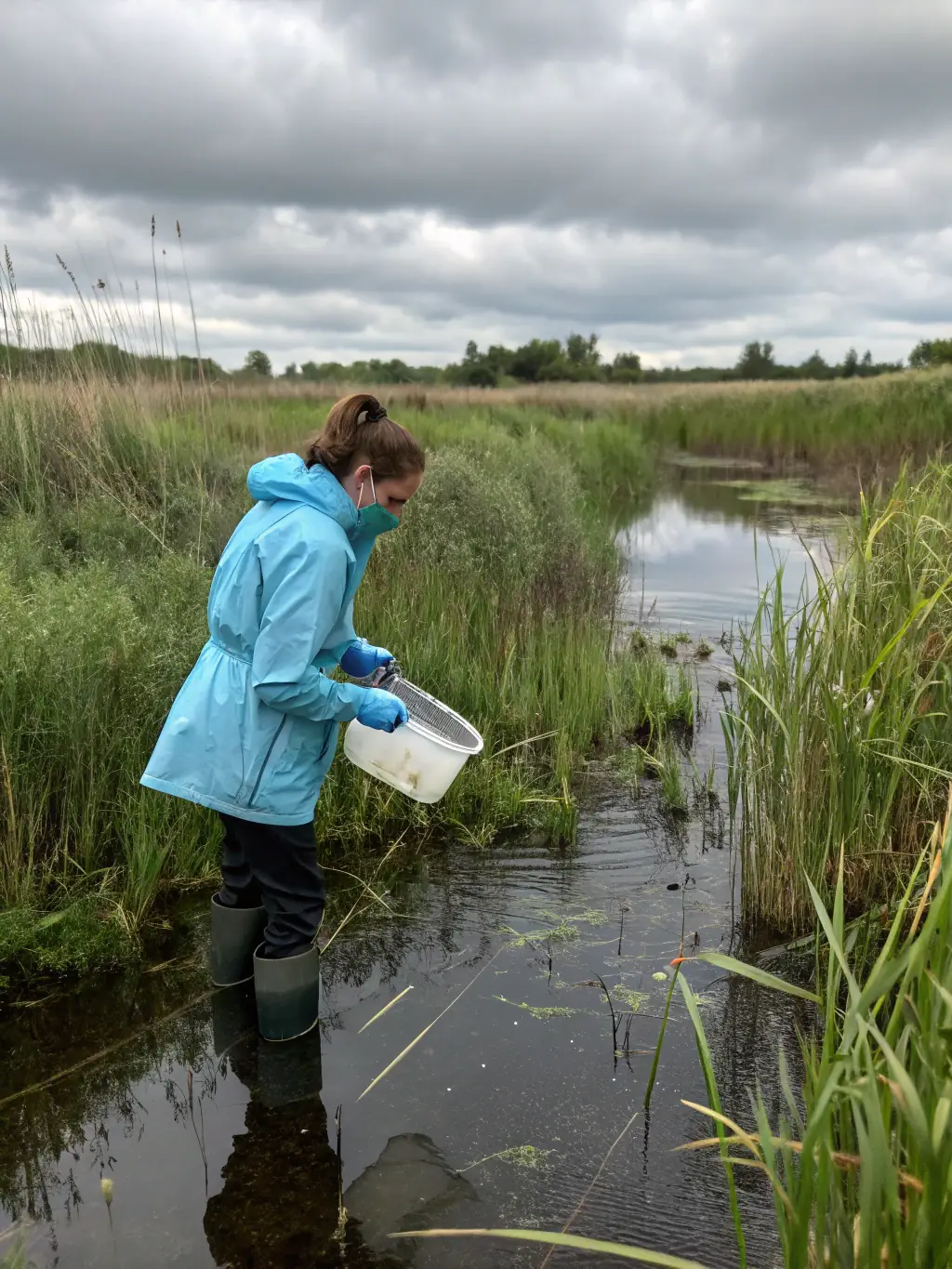 A photograph of researchers conducting studies on the salt marshes, collecting data and analyzing the environmental impact of salt production, with a focus on sustainable practices.